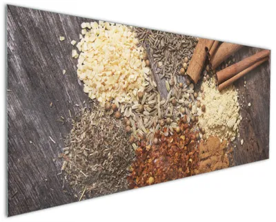 Produktbild von Wallario Küchenrückwand aus Glas, Größe: 125 x 50 cm, Motiv: Aromatische trockene Gewürze in der Küche | Spritzschutz | abwischbar | pflegeleicht | in