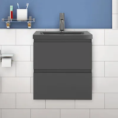 Produktbild von Waschtisch mit Unterschrank 50cm Alast Badmöbel Set Dunklegrau Waschbecken mit Unterschrank MDF Softclose