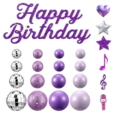 Tortendeko-Set, 32-teilig, lila-silber, Geburtstag
