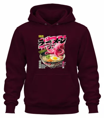 Zdjęcie produktu dla Ramen Junkie Japan, Oktopus, Anime, Manga, Jedzenie, Styl Y2K, Bluza z kapturem, Nudły, Bordowy, Rozmiar XL
