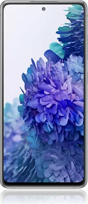 A front view of a Samsung Galaxy S20 FE smartphone with a colorful abstract wallpaper on the screen.