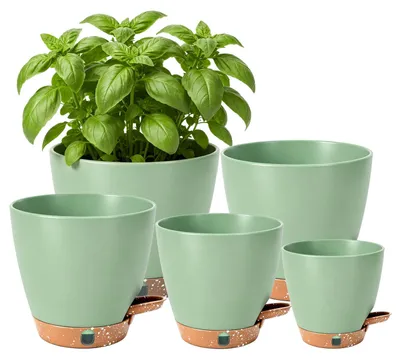 Immagine prodotto di Vasi da fiori con sistema di autoirrigazione, confezione da 5 pezzi, in plastica, con fori di drenaggio, adatti per piante da giardino