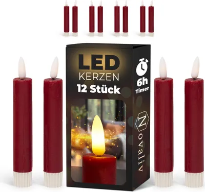 Produktbild von Stabkerzen LED mit Timer ROT 12 Stück indoor 6 Stunden ECHTWACHS 15cm Höhe für Kerzen 2,2cm Durchmesser 2 AAA Batterien notwendig LED Stabkerzen 4er Set 3x bewegliche Flamme Licht