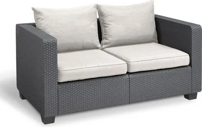 Produktbild von Allibert by Keter Gartensofa, Wetter- & UV-beständig, mit Kissen, Rattanoptik, Serie Salta, 2-Sitzer, aus Polypropylen, anthrazit, Maße: L 141 x B 63,5 x H 84 cm, 110 kg pro Sitzplatz, für Balkon, Terrasse, Garten, Hinterhof & Pool