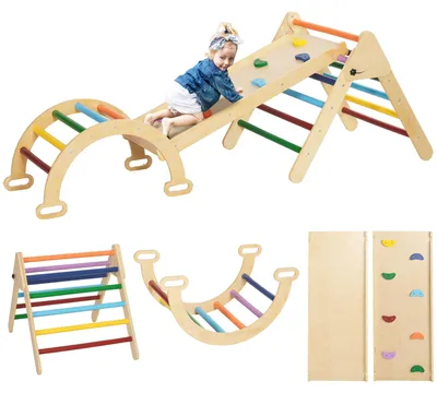 Produktbild von AIYAPLAY 5 in 1 Klettergerüst Set mit Rutsche, Kletterdreieck aus Holz Indoor