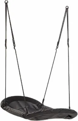 A black nest swing suspended by ropes against a white background.