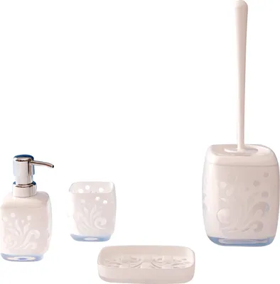 Produktbild von 4tlg Set Bad Accessoires WC Bürste Seifenspender Zahnputzbecher Seifenschale Ornella Weiß