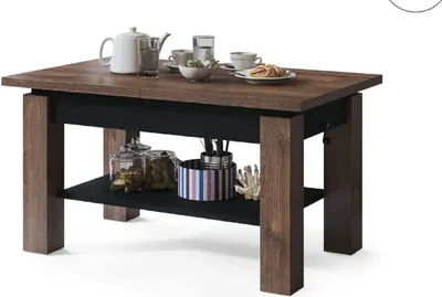 A coffee table with a wooden top and black legs, set against a white background.
