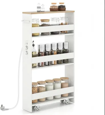 Zdjęcie produktu dla KOMFOTTEU Wózek do wnęki z stacją ładującą, mały wózek kuchenny na kółkach, wózek organizacyjny Regał na kółkach zajmujący mało miejsca z uchwytem (biały + naturalny, 47,5 x 13 x 80,5 cm)