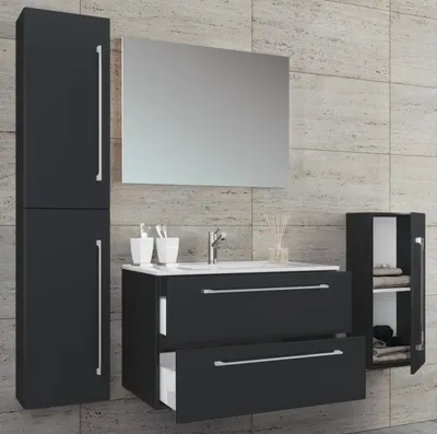 Produktbild von VCM 5-tlg. Set | 1 Waschtisch mit zwei Schubladen, 1 Spiegel, 1 Waschbecken, 1 Midischrank, 1 Hochschrank | Keramik Waschbecken | hängend Unterschrank 80 cm | Badmöbel Set Waschplatz – Badinos