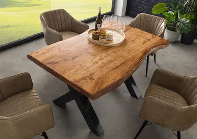Produktbild von MASSIVMOEBEL24 Baumtisch Akazie 160x90x77 Akazie natur lackiert / X-Beine anthrazit glänzend FREEFORM 5