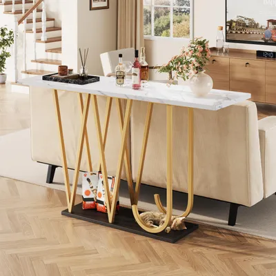 Produktbild von MODFU Küchentisch Esstisch aus Holz,Küchentisch Flurtisch mit goldfarbenen Metallbeine,Flurtisch mit schwarzer Bodenplatte,in Marmoroptik,weiß