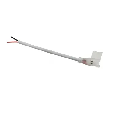 A white cable with a clear connector on one end and exposed wires on the other.
