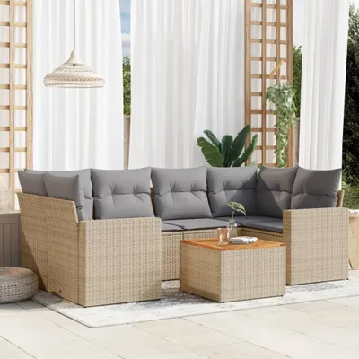 Produktbild von Design 7-tlg. Garten-Sofagarnitur mit Kissen Beige Poly Rattan, Gartenmöbel-Sets 2024 Neu
