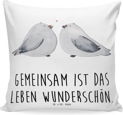 Produktbild von Mr. & Mrs. Panda Dekokissen Tauben Liebe - Weiß - Geschenk, Hochzeit, Kuschelkissen, Kissen 40x40, Hochzeitsgeschenke für Brautpaar, bedruckt, Zierkissen, Turteltaube