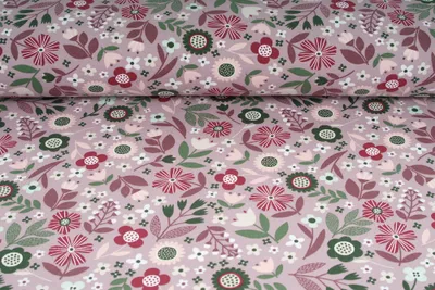 Obrázek produktu pro Úplet jednolíc, kvítka na růžovém podkladu, tričkovina, látky, metráž / 50cm