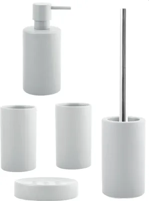 Produktbild von spirella Badezimmer Set, 5-teiliges Badzubehör aus Keramik Tube, Seifenspender, WC Bürste, Seifenschale und 2x Zahnputzbecher weiß matt
