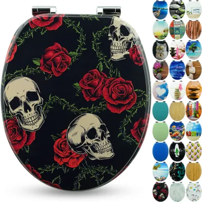 Produktbild von Sanfino® Premium WC Sitz "Rose Skull" hochwertiger Toilettendeckel mit Absenkautomatik aus Holz, viele bunte Motive, einfache Montage