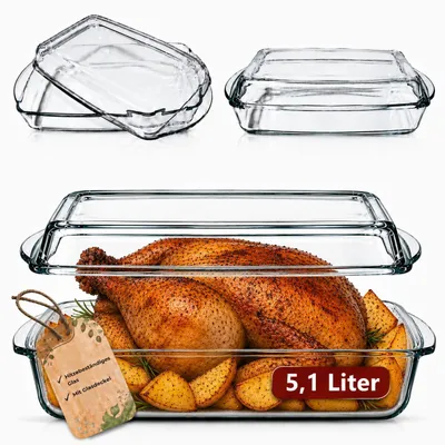 Produktbild von BigDean Glasauflaufform mit Deckel 5,1L – Rechteckiger Glasbräter mit Griffen, hitzebeständig, für Lasagne & Backofen, KI-generiertes Bild