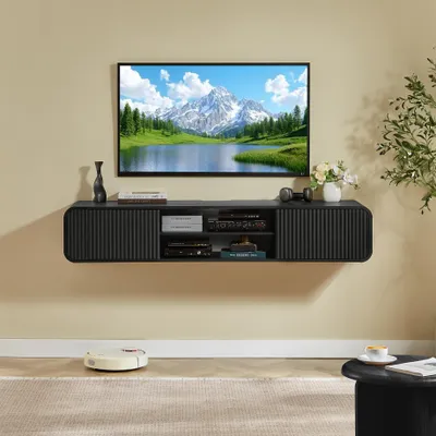 Produktbild von Wandmontierter TV-Schrank, offene Fächer, schwarz, 160 cm, hängend, Stauraum, Wohnzimmer, Schlafzimmer