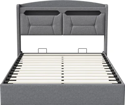 Obrázok produktu pre Manželská posteľ - čalúnená posteľ s úložným priestorom - 140 x 200 cm - s LED osvetlením a USB portmi - rošt je súčasťou balenia - poťah z ľanu - svetlosivá farba