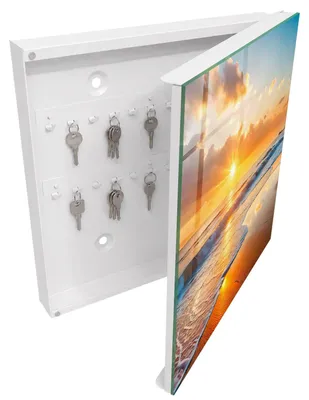 Produktbild von Weißer Schlüsselschrank aus Metall 30 x 30 cm - Schlüsselbox zur Wandmontage mit Tür - rechts öffnender Schlüsselkasten - praktische Schlüsselaufbewahrung für Zuhause - Sonnenuntergang über dem Meer, KI-generiertes Bild
