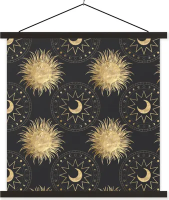 Produktbild von MuchoWow® Textilposter Muster - Mond - Sonne - Gold 120x120 cm mit schwarzem Rahmen - Aufhängungsset