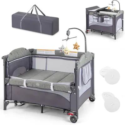 Produktbild von Reisebett mit Matratze, 5 in 1 Beistellbett Baby mit Rollen & Wickelauflage & Spieluhr, 110×76cm Babybett mit Tragetasche, Stubenwagen für Neugeborene & Baby (Grün)