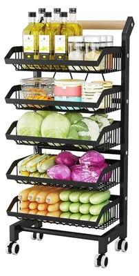 Produktbild von Rollbarer Kühlschrank- und Mikrowagen - 5-stöckiges Metall-Küchenregal - 360° drehbare feststellbare Rollen - Bodenstehender Aufbewahrungswagen