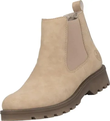 Auf dem Bild ist ein beigefarbener Stiefel zu sehen der eine hohe Form und eine robuste Sohle hat. Der Stiefel ist von der Seite abgebildet wodurch die Details des Designs gut zur Geltung kommen.