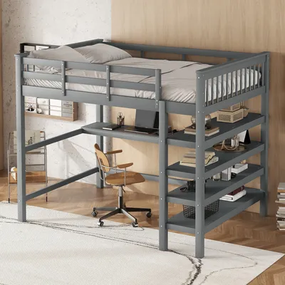 Produktbild von Kinderhochbett mit Schreibtisch & Ablagefächern, ohne Matratze, 140x200cm, Weiß