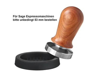 Produktbild von scarlet espresso | Tamper »Perfetto« für Barista; auf 35 lbs Anpressdruck kalibiriert; mit Alu- oder Edelholzgriff und Präzisions-Edelstahlbasis, Größe:Set (54 mm + Tamperablage), Farbe:Sandelholz - Dunkelbraun