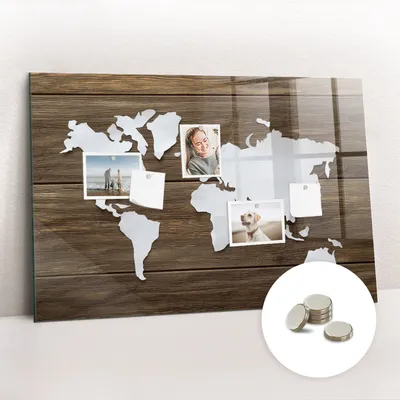 Obrázek produktu pro Magnetická Tabule na Zeď Skleněná - Memo Board Kleněnou Přední Stranou - 5 magnetů v balení - 90x60 cm - Mapa světa na deskách