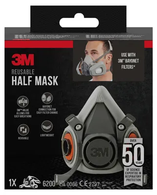 Produktbild von 3M Halbmaske 6200, Wiederverwendbar, Mittelgroß, für Sprühlackier- und Schleifarbeiten, mit Bajonettverschluss, Komfortabel