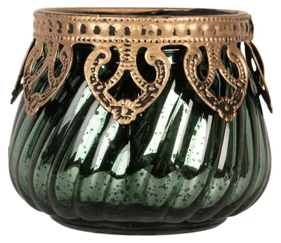 Imagen del producto de Soporte para velas pequeñas (tealight) de Clayre & Eef, diámetro 8 cm, altura 7 cm, color verde, de vidrio