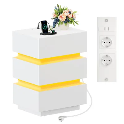 Produktbild von LED Nachttisch mit 16 Farbe RGB Licht, Nachttisch mit Ladefunktion,Weiß Hochglanz Nachtkommode Beistelltisch Sofatisch für Schlafzimmer 45x35x61cm
