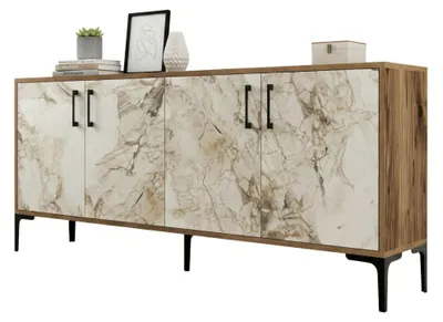 Produktbild von Kommode Orionis, Wohnzimmerbuffet, Wohnzimmer-Sideboard, Moderne Küchen-Speisekammer, 180x35h78 cm, Nussbaum und Weißer Marmor