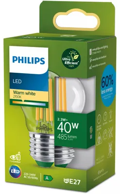 Obrázek produktu pro Philips Čirá žárovka typu svíce s tradičním vzhledem 40 W P45 E27, 2,3 W, 40 W, E27, 485 lm, 50000 h, Teplá bílá