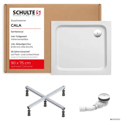 Produktbild von Schulte Duschwanne 90x80 cm, Weiß, Modell Cala - Komplettset inkl. Fußgestell und Ablaufgarnitur