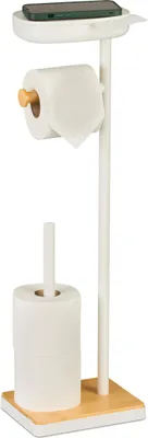 Image de Porte-papier hygiénique sur pied Relaxdays, avec compartiment, dimensions : 68 x 20,5 x 16 cm, porte-rouleaux de papier hygiénique avec compartiment pour rouleaux de réserve, blanc/naturel