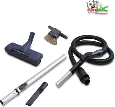 A collection of vacuum cleaner attachments and a hose are displayed on a white background.