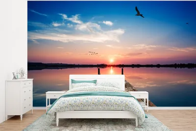 Produktbild von MuchoWow® Fototapete für Wohnzimmer oder Schlafzimmer Wandtapete Vinyl Motivtapete Steg - Wasser - Sonnenuntergang - Rosa - Horizont - 350x260 cm - Wohnzimmer-Tapete