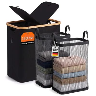 Productafbeelding van Roxlin wasmand 145 liter met 2 uitneembare waszakken – Grote, inklapbare wasmand met deksel, bamboestructuur en waterdicht materiaal – Zwart