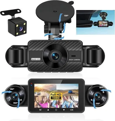 Productafbeelding van Dashcam voor Auto 4 Kanalen met 1080p, Voor/Achter, 64 GB SD-kaart, 3 Inch IPS Display, Groothoek, Nachtzicht IR, G-sensor, Autocamera m