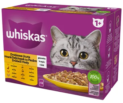 Zdjęcie produktu dla Whiskas Drobiowa uczta 1+ Galaretka z kurczakiem, z kaczką, z drobiem i z indykiem 1,02 kg (12x85 g)