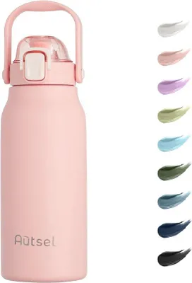 Produktbild von Famanu Wasserflasche 1,7L mit Strohhalm - isolierte Sportflasche mit Handgriff