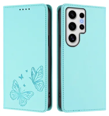 Obrázek produktu pro Kožené pouzdro pro Samsung Galaxy S24 Ultra, motýlí ražbou, peněženkové flip pouzdro se stojánkem Mátově zelená
