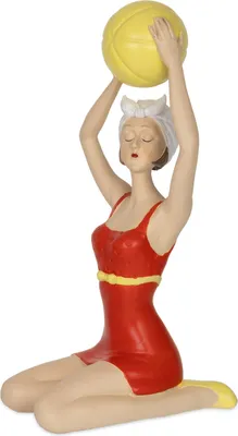 Image de Figurine de décoration femme en maillot de bain rétro rouge avec ballon jaune 22,5?cm - figurine de bain agenouillée en polyrésine dans le style vintage comme décoration d'été pour la salle de bain, l'étagère, le rebord de fenêtre