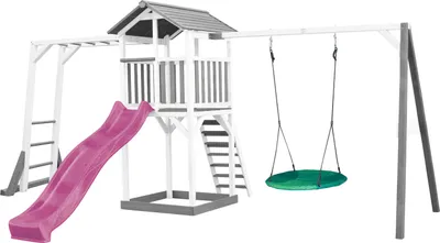 Produktbild von AXI Beach Tower Spielturm aus Holz in Weiß & Grau | Spielhaus für Kinder mit lila Rutsche, Klettergerüst, Nestschaukel und Sandkasten | Stelzenhaus für den Garten