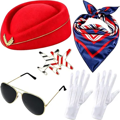 Produktbild von Stewardess Kostüm Zubehör Set, 5-teilig, rot, für Kostüm und Party
